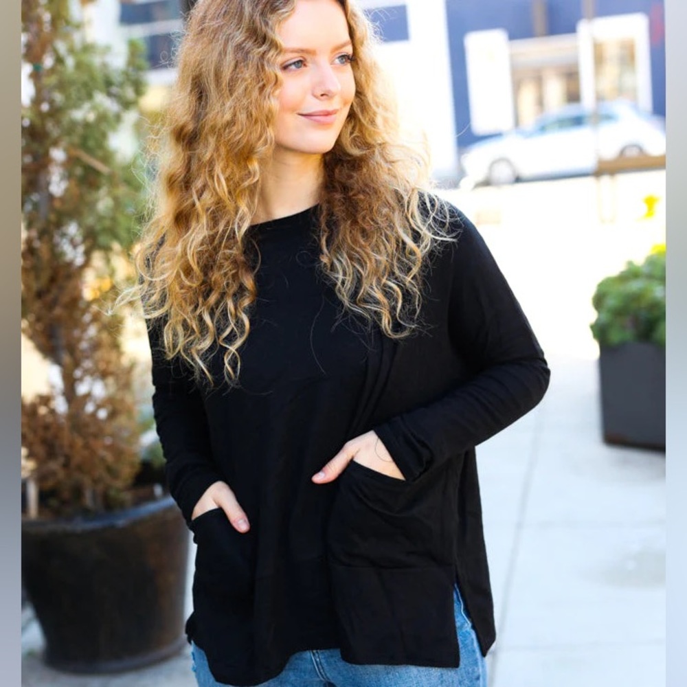 Black Dolman Style Cozy Top, Soft Feel, Front Pockets, Loose Fit